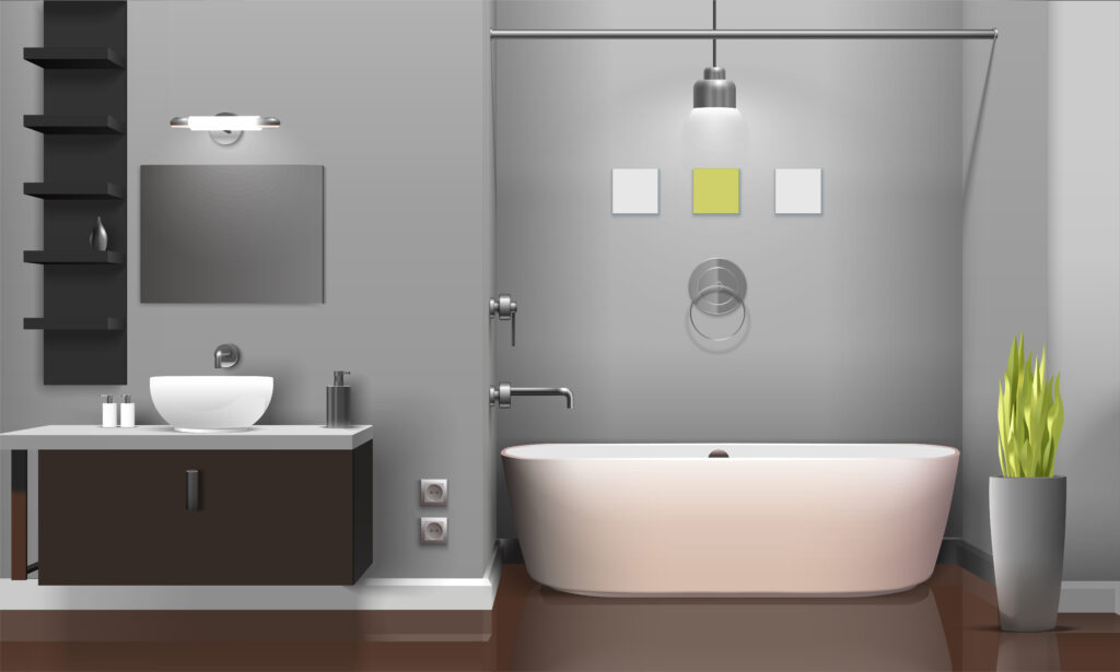 Modern realistic bathroom interior design with white sanitary equipment, shelves on grey wall, decorative plant vector illustration